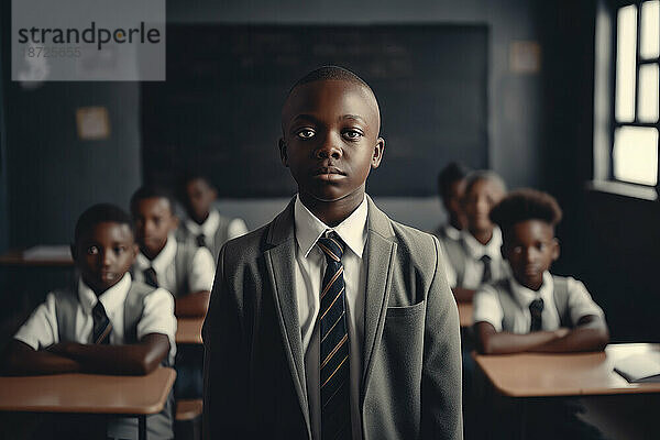 Porträt eines afrikanischen männlichen Studenten mit seinen Klassenkameraden. Generative KI.