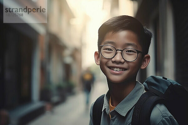 Happy asian elementary schoolboy  back to school. Generative AI.