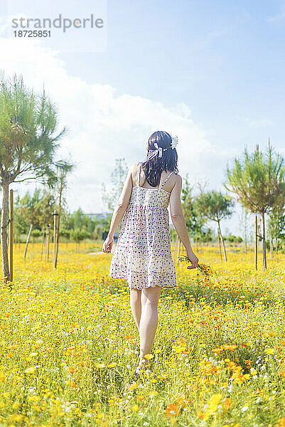 Rückansicht einer schönen Frau in Kleid  die mit ihren Schuhen durch ein Blumenfeld geht