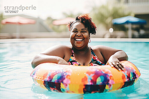 Happy black plus size woman in a pool with ring float. Generative AI.
