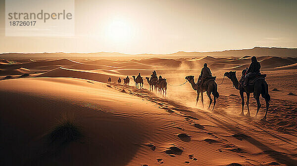 Bildgenerative KI. Beduinen reiten auf Kamelen durch die Wüste