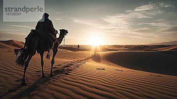 Bildgenerative KI. Beduinen reiten auf Kamelen in der Wüste