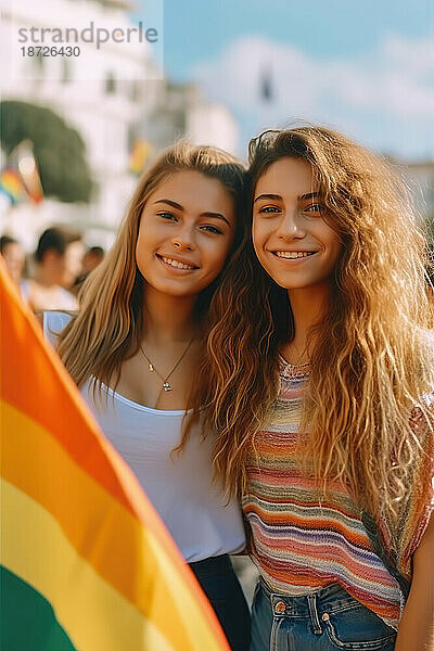 Junges lesbisches Paar mit Flagge bei Gay Pride. Generative KI