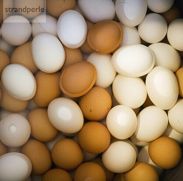 Detail von braunen und weißen Eiern  die in Wasser eingeweicht werden.