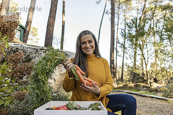 Reife Frau blickt auf frische Karotten  die neben einer Kiste im Garten knien