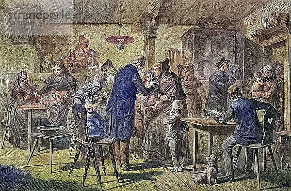 Kinderimpfung  historischer Stich  1869  Historisch  digital restaurierte Reproduktion von einer Vorlage aus dem 19. Jahrhundert  koloriert  genaues Datum unbekannt