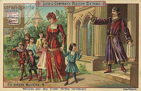 Melusine und ihre Kinder werden verstoßen  digital restaurierte Reproduktion eines gemeinfreien Sammelbildes von ca 1900  Liebig Bilderserie Schöne Melusine (1891)