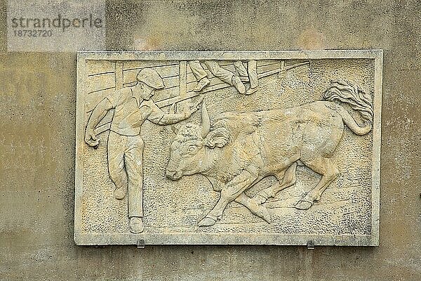 Relief mit Torero und Stierkampf  Stierfigur  Stein  Stierkampfarena  Port  Hafen  Beaucaire  Gard  Provence  Frankreich  Europa