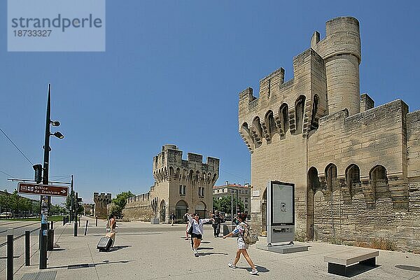 Historische Stadtmauer mit Wehrturm und Fußgänger  Remparts  Türme  Stadtbefestigung  Avignon  Vaucluse  Provence  Frankreich  Europa