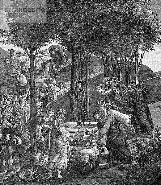 Moses zieht aus Ägypten nach Midian  Zweite Buch Mose  Kapitel 2  Verse11-15  Altes Testament  Bibel  viele Menschen  Landschaft  Berge  Bäume  Brunnen  Schafbock  Tiere  Flucht  Midianiter  Prophet  historische Illustration 1890