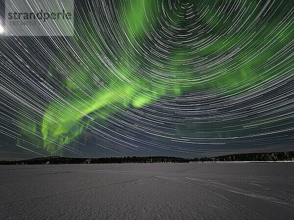 Nordlicht (Aurora borealis) und Sternenbahnen  Hetta  Enontekiö  Lappland  Finnland  Europa