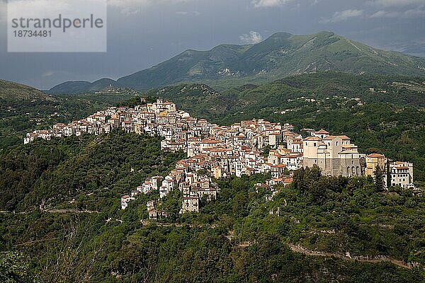 Schöner Blick auf die weiße Stadt  Mediteranes Bergdorf mitten in der Natur  Rivello  Kampanien  Salerno  Italien  Europa