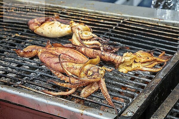 Washington  DC  Tintenfisch auf dem Grill an einem Essensstand auf der Fiesta Asia Street Fair. Das jährliche Festival bietet Unterhaltung und Essen aus mehr als 20 panasiatischen Kulturen. Es findet auf der Pennsylvania Avenue in der Nähe des U.S. Capitol statt