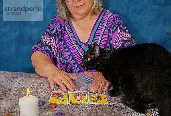Wahrsagerin lesen Tarotkarten mit einer schwarzen Katze auf dem Tisch auf dem Tisch weiße Kerzen