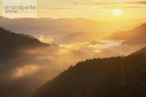 Ukraine  Region Iwano-Frankiwsk  Bezirk Werchowyna  Dorf Dsembronja  neblige Karpatenlandschaft bei Sonnenuntergang