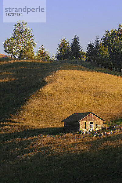 Ukraine  Region Iwano-Frankiwsk  Bezirk Werchowyna  Dorf Dsembronja  Holzhütte in den Karpaten bei Sonnenuntergang