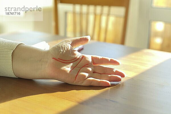Handlesen oder Chiromantie. Nahaufnahme einer weiblichen Hand mit Lebenslinien  die mit rotem Filzstift auf einem Tisch im Sonnenlicht gezeichnet sind  das aus dem Fenster fällt. Vorhersage oder Prognose zukünftiger Geschehnisse. Konzept des Handlesens