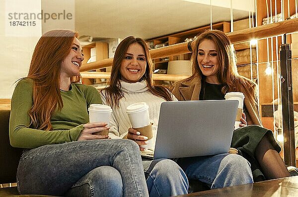 Fröhliche Frauen mit Kaffee zum Mitnehmen  die lächelnd auf ihrem Laptop surfen  während sie sich in der Cafeteria am Wochenende ausruhen