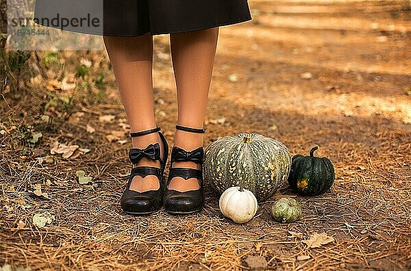 Fröhliches Halloween! Cropped Foto der weiblichen Füße in Retro Leder schwarze Schuhe mit Bögen  stehend auf ertrinken Weg der trockenen Blätter und Gras neben bunten Kürbisse draußen im Herbst sonnigen Tag