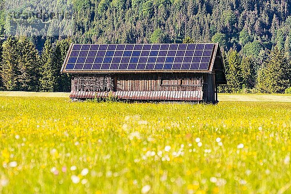 Grüne Energie Scheune mit Fotovoltaikzellen auf dem Dach