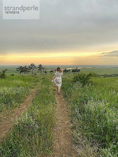 Rückenansicht einer Frau in einem langen romantischen Kleid  die bei Sonnenuntergang durch ein Feld mit grünem Gras läuft  eine sorglose  glückliche Frau  die auf einer Wiese spazieren geht und die Erholung in der wilden Natur genießt