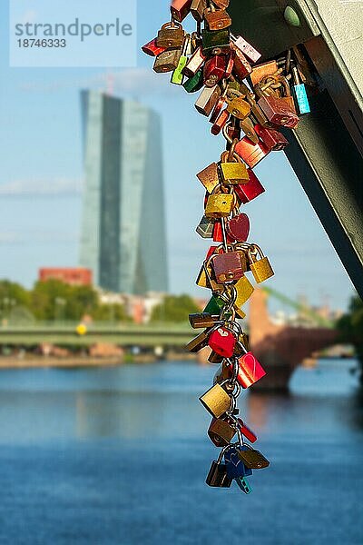 Liebesschlösser als Symbol für ewige Liebe mit der Europäischen Zentralbank in Frankfurt im Hintergrund
