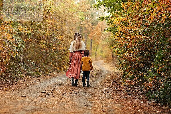 Rückansicht einer jungen Familie  Mutter und kleiner Sohn  auf einem Spaziergang im Herbstwald  Mutter und Kind halten sich an den Händen und gehen einen mit gelben Blättern bedeckten Weg entlang  sie verbringen Zeit in der schönen Natur