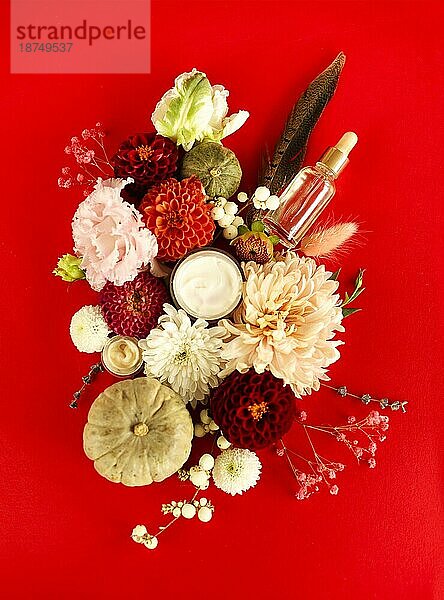 Set von natürlichen kosmetischen Produkten  Gesichtscreme und Tropfflasche mit ätherischem Öl auf rotem Hintergrund mit bunten Blumen  flach legen Bild. Hautpflege  Schönheit und Naturkosmetik Konzept