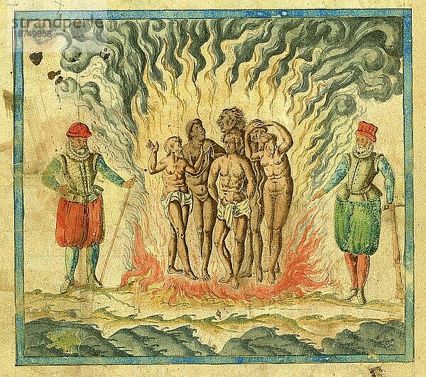 Folter  Spanier  spanische Eroberer  verbrennen die Ureinwohner Amerikas  um 1550  Historisch  digital restaurierte Reproduktion von einer Vorlage aus dem 19. Jahrhundert