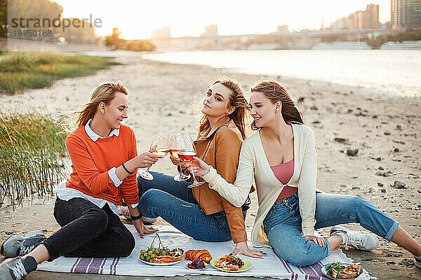 Fröhliche junge Freundinnen  die Wein trinken und Bruschetta essen  während sie an einem Sommerwochenende im Park picknicken