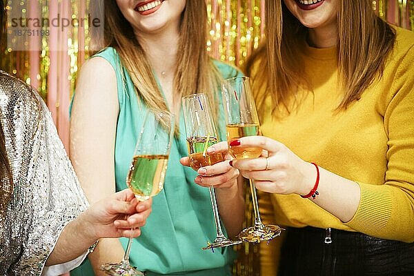 Crop Freundinnen stoßen mit Gläsern Wein an und haben Spaß auf einer Luxusparty