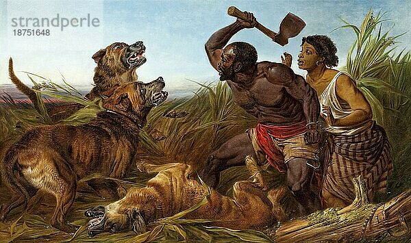 Sklavenjagd  zeigt einen schwarzen Mann und eine Frau  die von drei Doggen in einer Sumpflandschaft bedrängt werden und versuchen sich mit einer Axt zu wehren  Historisch  digital restaurierte Reproduktion von einer Vorlage aus dem 19. Jahrhundert