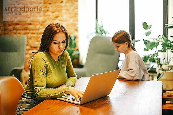 Seitenansicht einer glücklichen Frau  die lächelt und auf ihrem Laptop surft  während sie am Tisch sitzt und an einem Fernprojekt in der Cafeteria arbeitet