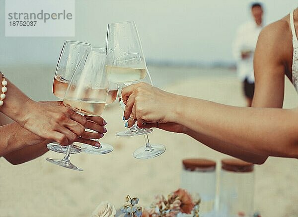 Glückliche Freundinnen in Sommerkleidern  die lächelnd und mit einem Glas Wein anstoßen  während sie sich gemeinsam am Strand ausruhen