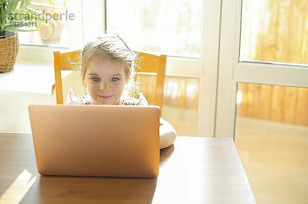Cute adorable kleines Mädchen sitzt am Tisch mit modernen Laptop  Blick auf den Computerbildschirm beim Online Studium  Kind während Fernunterricht zu Hause. Kinder und Fernunterricht