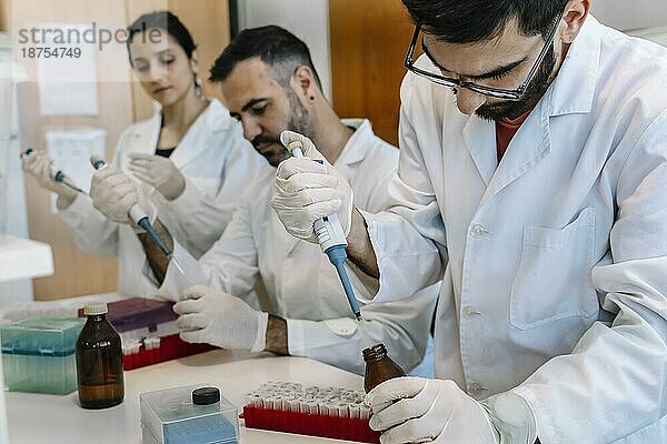 Forschungslabor: Ein Team von Wissenschaftlern arbeitet mit einer Pipette. Entwicklung der Mikrobiologie
