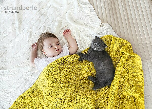 Close up Porträt eines schönen schlafenden Baby und Kätzchen