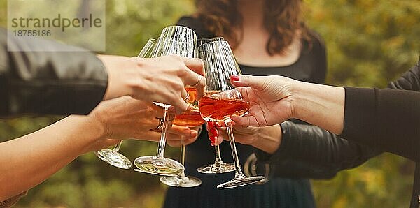 Crop anonyme weibliche Freunde Toast mit Gläsern von Rotwein während der Outdoor Party am Abend in der Landschaft