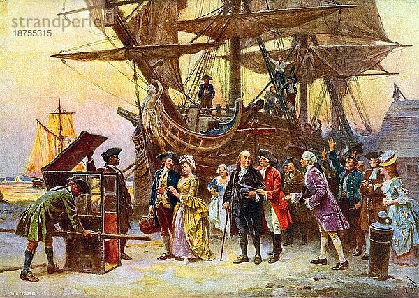 Franklins Rückkehr nach Philadelphia  1785. Benjamin Franklin  Richard Bache  seine Frau Sarah  Franklins Tochter  und ihr Sohn Benjamin Franklin Bache am Hafen von Philadelphia. Franklin wird von Richter Thomas McKean begrüßt  der auf der rechten Seite steht. Links wartet eine Sänfte mit zwei afroamerikanischen Trägern auf Franklin  Gemälde von Jean Leon Gerome Ferris  Historisch  digital restaurierte Reproduktion von einer Vorlage aus dem 19. Jahrhundert