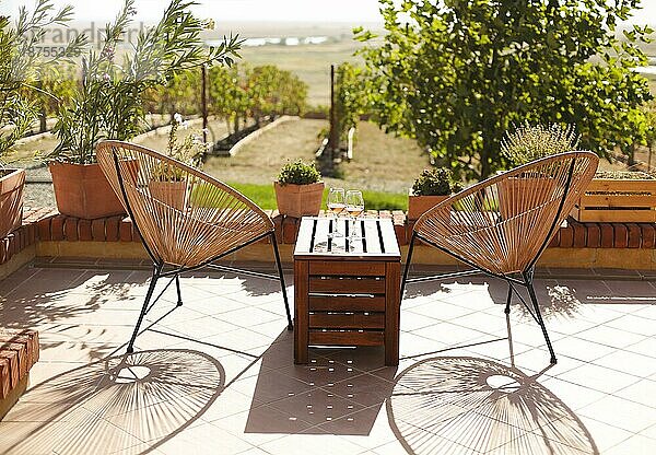 Zwei Gläser Weißwein auf rustikalen Holztisch und Blumentöpfe auf der Terrasse außerhalb mit Weinberg Hügel Landschaft am sonnigen Tag Morgen im Sommer Zeit