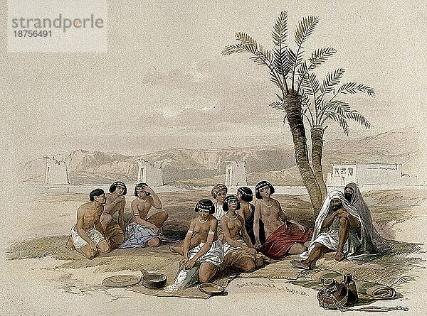 Männliche und weibliche äthiopische Sklaven beim Ausruhen  Korti  Sudan  1696  Historisch  digital restaurierte Reproduktion von einer Vorlage aus dem 19. Jahrhundert  Afrika