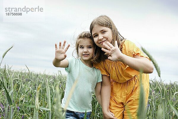 Zwei kleine Mädchen umarmen sich auf einer Sommerwiese. Glückliche Schwestern auf einer Sommerwiese