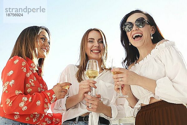 Gruppe von stilvollen glücklichen Frauen versammeln sich im Sommer für die Partei und genießen Zeit zusammen trinken Weißwein