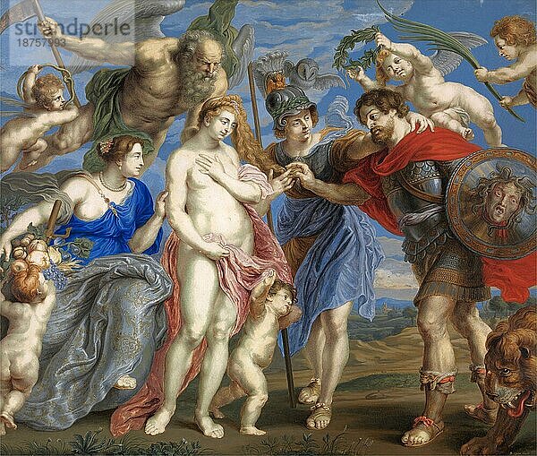 Der siegreiche Held nimmt die Gelegenheit wahr  den Frieden zu schließen. Mars wird von Minerva zu diesem Anlass vorgestellt  begleitet von Ceres  nach einem Gemälde von Peter Paul Rubens  um 1638  Historisch  digital restaurierte Reproduktion von einer Vorlage aus dem 19. Jahrhundert