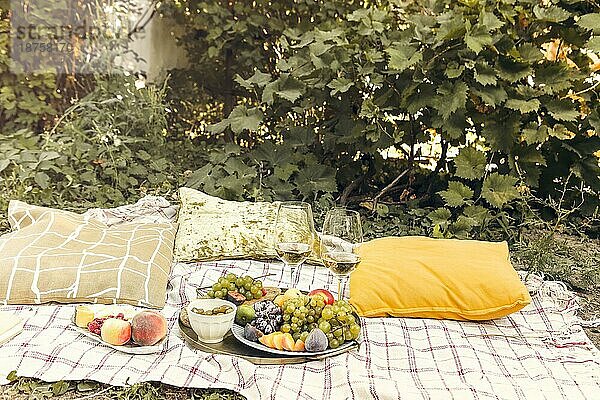 Paar Gläser mit Wein in der Nähe von Tischen mit verschiedenen frischen reifen Früchten auf Decke mit Kissen während romantisches Picknick im Garten platziert