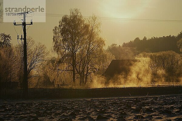 Nebliger Wintermorgen mit einem alten Haus