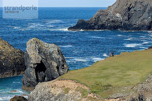 KYNANCE COVE CORNWALL  UK - 14. MAI : Menschen bewundern die zerklüftete Küstenlandschaft bei Kynance Cove in Cornwall am 14. Mai 2021. Zwei nicht identifizierte Personen