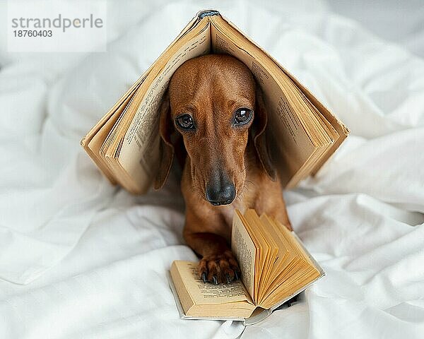 Niedlicher Hund mit Bücherbett. Hohe Auflösung Foto