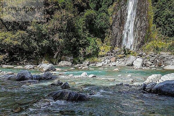 Blick auf die Thunder Creek Falls in Neuseeland