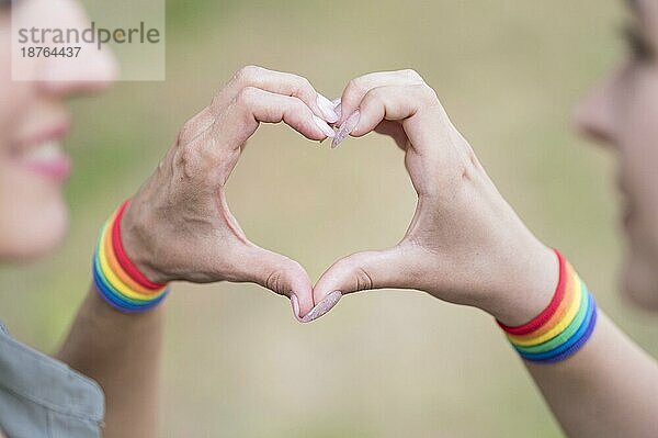 Lesbisches Paar mit lgbt bracelete. Foto mit hoher Auflösung